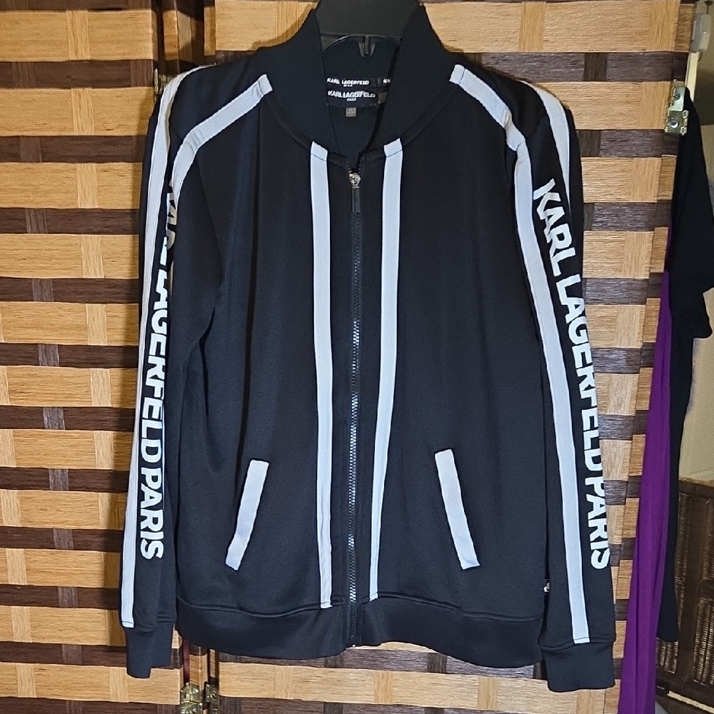 NWOT!! Karl Lagerfeld Black Zip Up Logo Tape Jacket Spandex